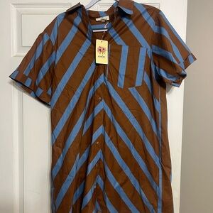 Entro Diagonal Striped Brown and Blue Shirt Dress